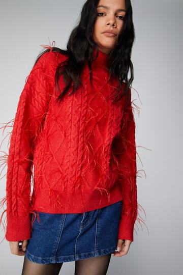 Feather Trim Funnel Neck Sweater red