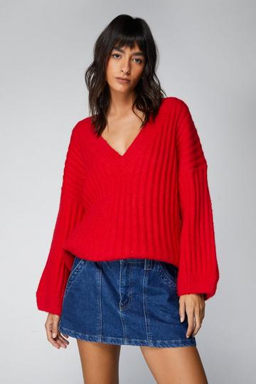 Red Slouchy V Neck Oversized Sweater