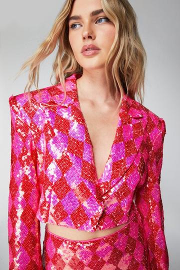Pink Harlequin Diamond Sequin Cropped Blazer