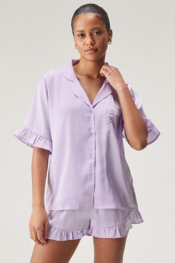 Lilac Purple Satin Ruffle Pajama Shirt And Shorts Set