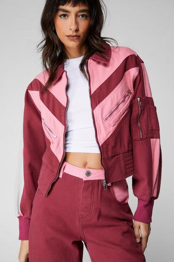 Denim Color Block Bomber Jacket pink