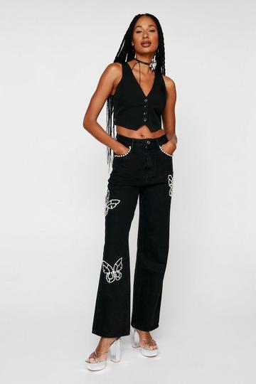 Butterfly Diamante Embellished Straight Leg Jeans black