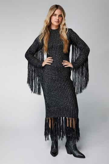 Black Metallic Fringe Knit Midi Dress