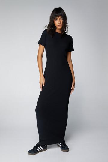Short Sleeve Ribbed Maxi T-shirt Dress black