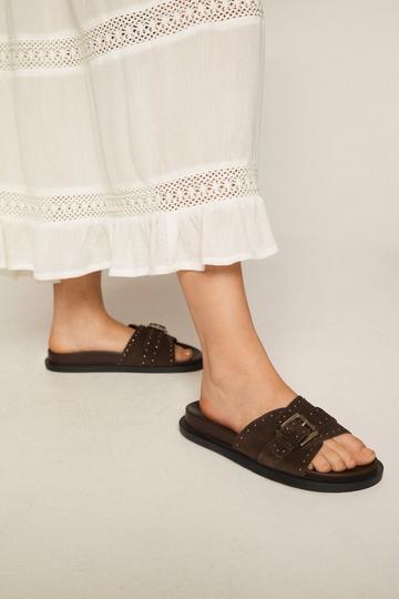 Suede Studded Buckle Back Sandals chocolate