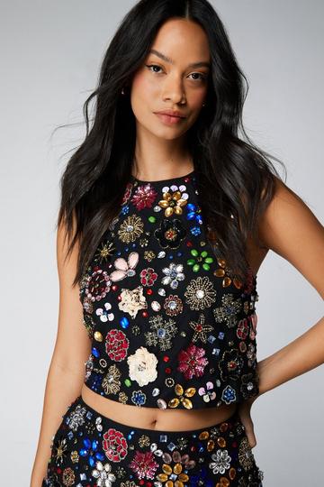 Mixed Flower Embellished Shell Top black