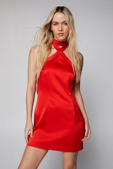 Petite Halter Textured Satin Slip Dress red