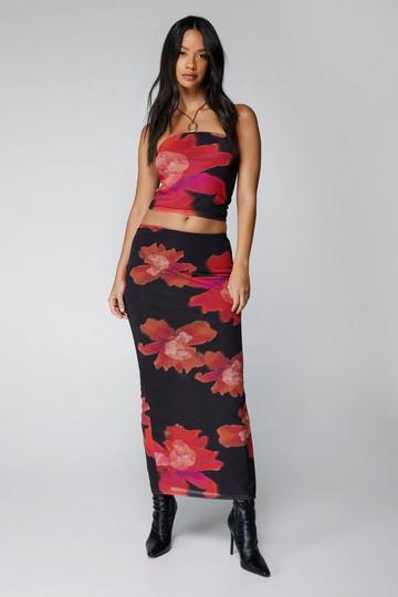 Mesh Slip Floral Print Maxi Skirt