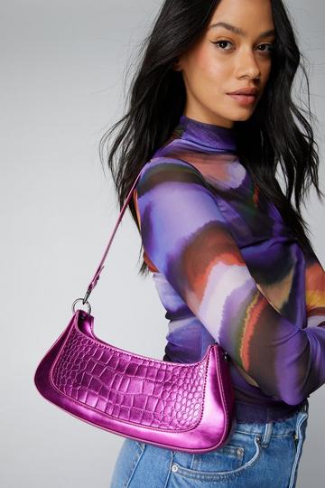 Pink Faux Leather Croc Shoulder Bag