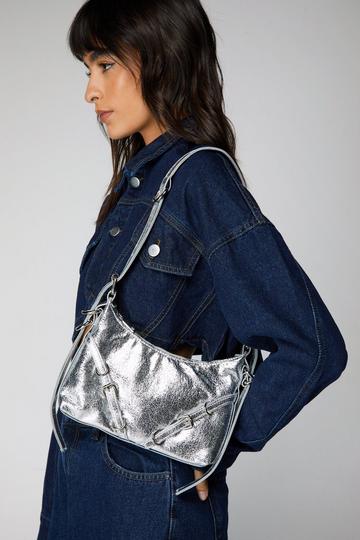 Silver Faux Leather Crinkle Zip Shoulder Bag