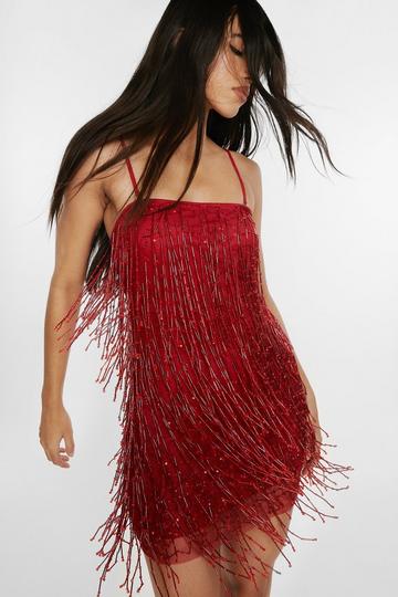 Red Tassel Beaded Bandeau Mini Dress