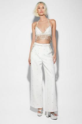 Pearl White Pants Cotton Raw Silk Pants Boot Cut Pants for Women, Organza  and Embroidered Lace Embellished With Pearls 