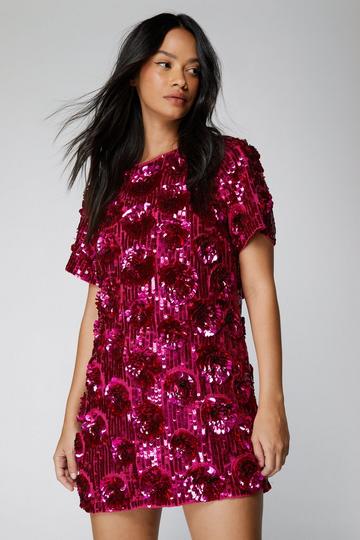 Pink 3D Floral Sequin Mini Dress