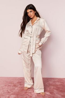Women's Plus Tie Waist Satin Pyjama Trouser Set