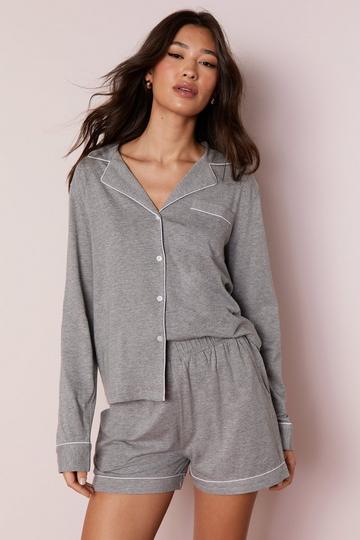 Grey Jersey Contrast Piped Long Sleeve Pajama Shorts Set