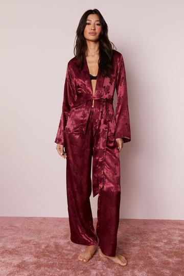 Satin Floral Jacquard Belted Pajama Pants Set burgundy