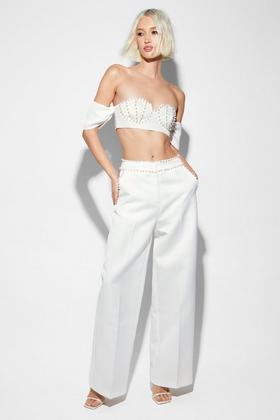 Pearl Embellished Front Slit Pants, Off-white - N12H