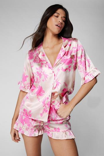 Pink Satin Floral Ruffle Pajama Shorts Set