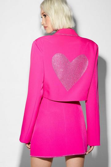 Premium Tailored Diamante Heart Cropped Blazer hot pink