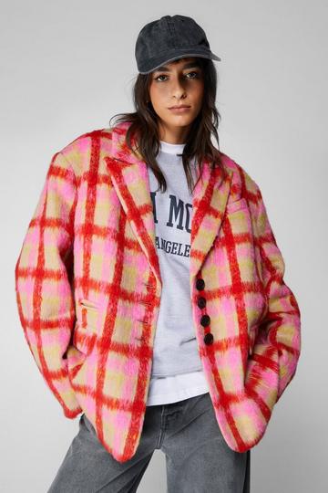 Premium Neon Plaid Tailored Blazer Coat pink