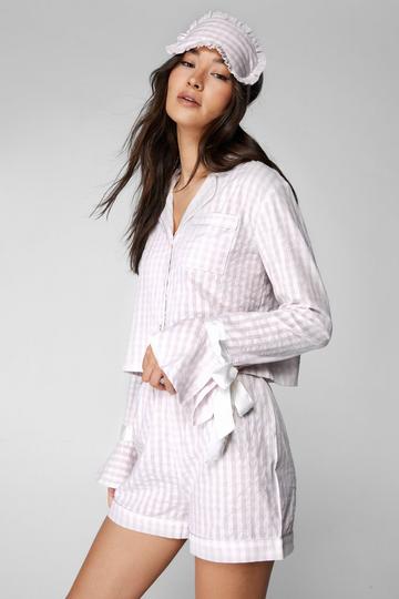 Cotton Gingham Ruffle Tie Sleeve 3pc Pajama Shorts Set pink