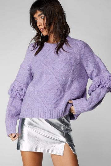 Purple Cable Knit Fringe Sweater