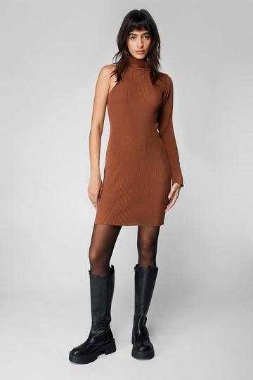 Ribbed One Sleeve Knit Mini Dress brown