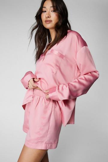 Pink Satin Heart Embroidered Pajama Shorts Set