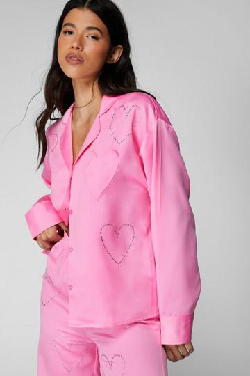 Pink Premium Heart Diamante Pajama Pants Set