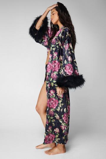 Black Premium Floral Velvet Feather Trim Maxi Robe