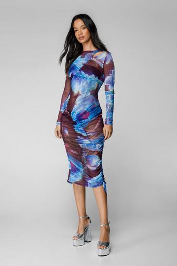 Purple Printed Mesh Ruched Midi Dress