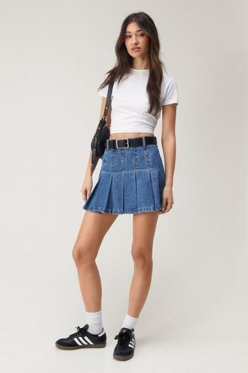 Petite Denim Pleated Mini Skirt authentic midwash