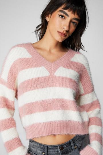 Fluffy Stripe V Neck Knit Jumper pink