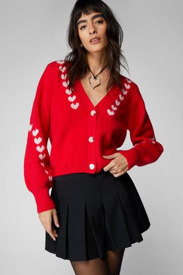 Red Compact Yarn Heart Cropped Cardigan