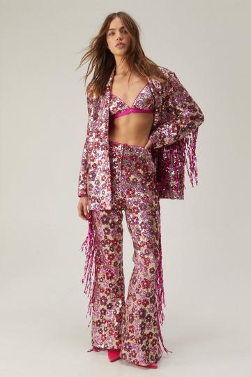 Floral Sequin Flare Pants pink
