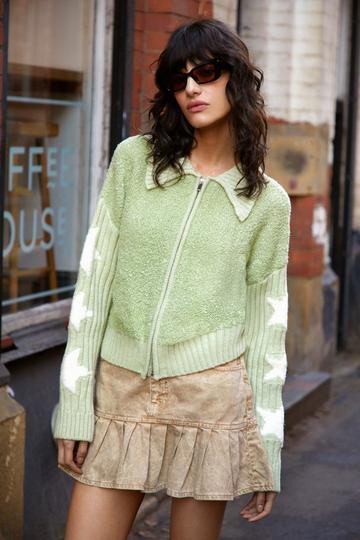 Sage Green Star Jacquard Knit Jacket
