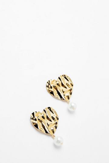 Gold Metallic Hammered Heart Pearl Drop Earrings