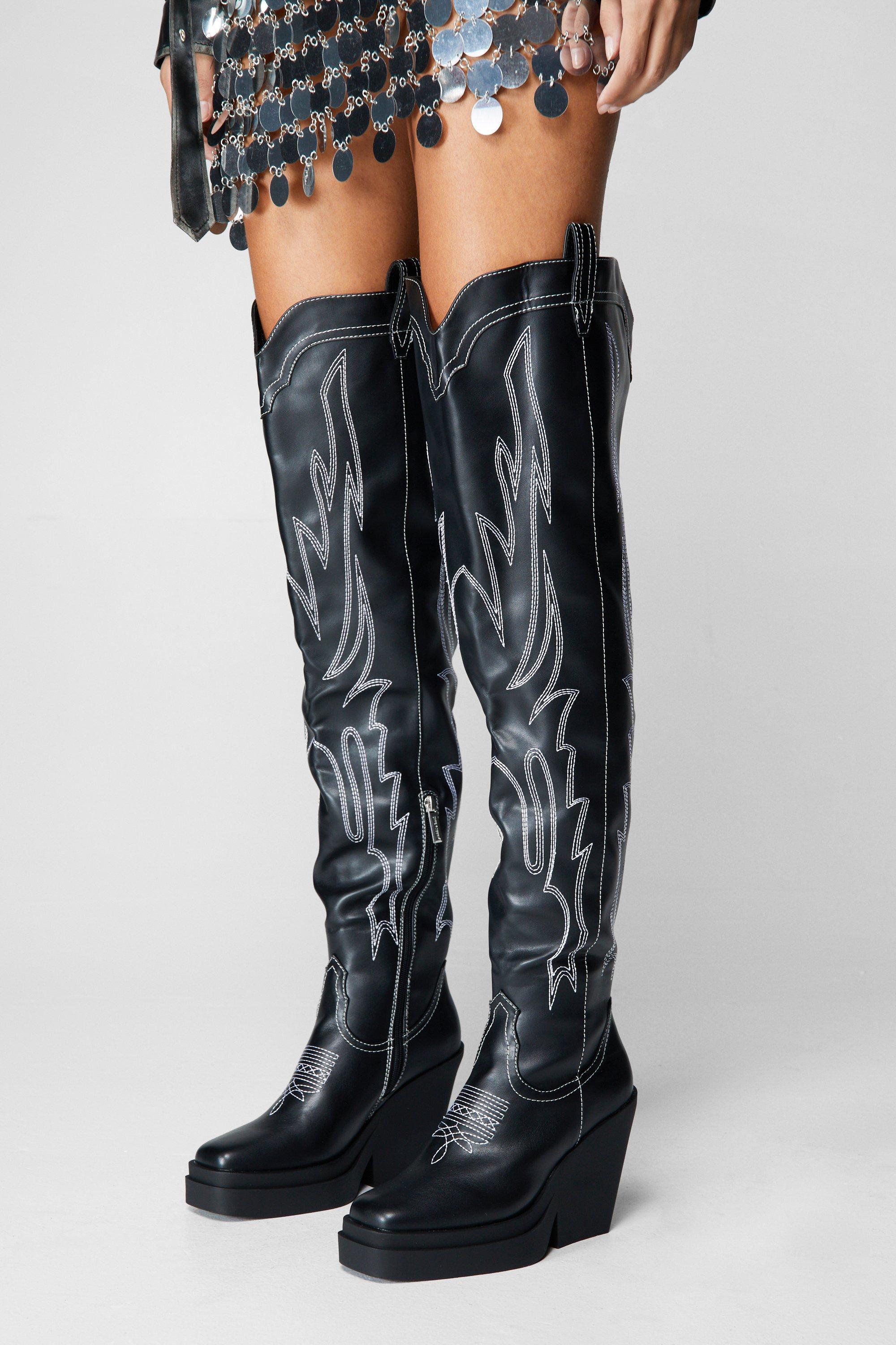 Black patent knee high boots sales wide fit