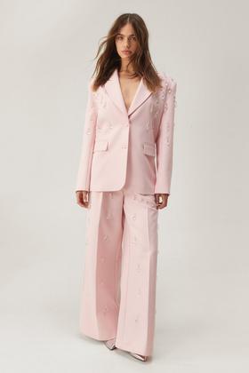 Pink double breasted jacquard Wide Leg Pant Suit