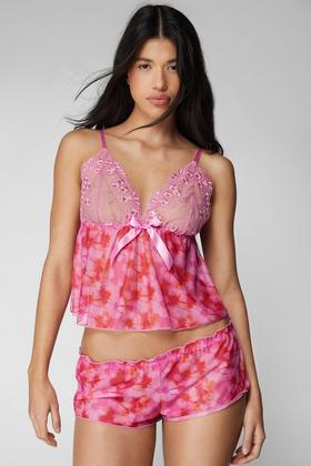 Hot Pink Floral Embroidered Harness Lingerie Set