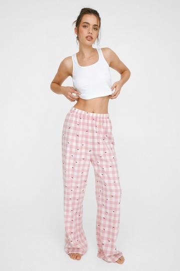Pink Rib Vest Check Mushroom Cotton Flannel Pajama Pants Set