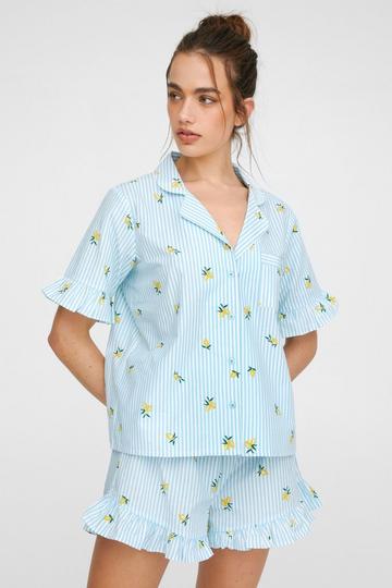 Cotton Lemon Embroidered Stripe Ruffle Pajama Shorts Set blue