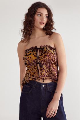 Black Leopard Print Ties Strapless Corset Tops