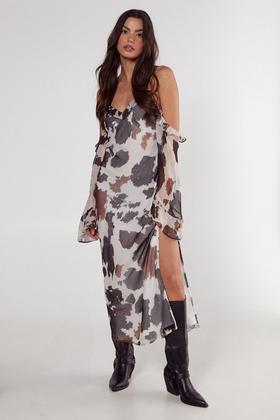 Chiffon Short Sleeve Cold Shoulder Print Split Maxi Dresses Chiffon Short Sleeve Cold Shoulder Print Split Maxi Dresses