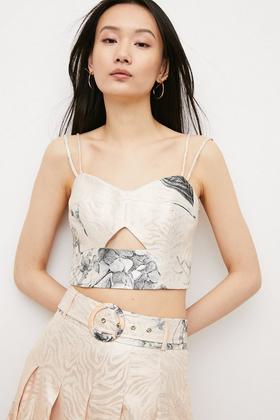 Petite Hydrangea Bloom Print Metallic Jacquard Bodice Top