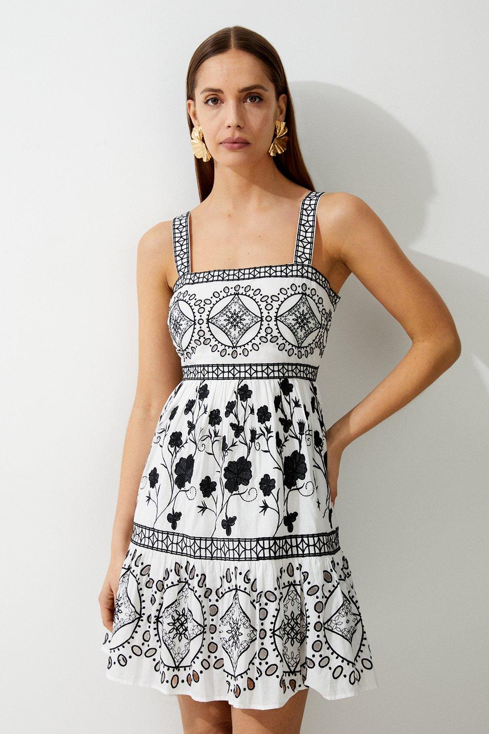 Feather Hem Mono Print Knit Mini Dress | Karen Millen