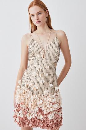 Diamante Chain Mail Cowl Side Split Mini Dress