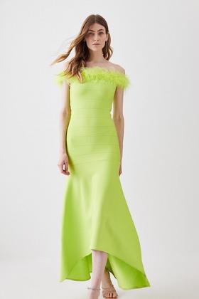 Italian Structured Satin Ruffle Bardot Maxi Dress