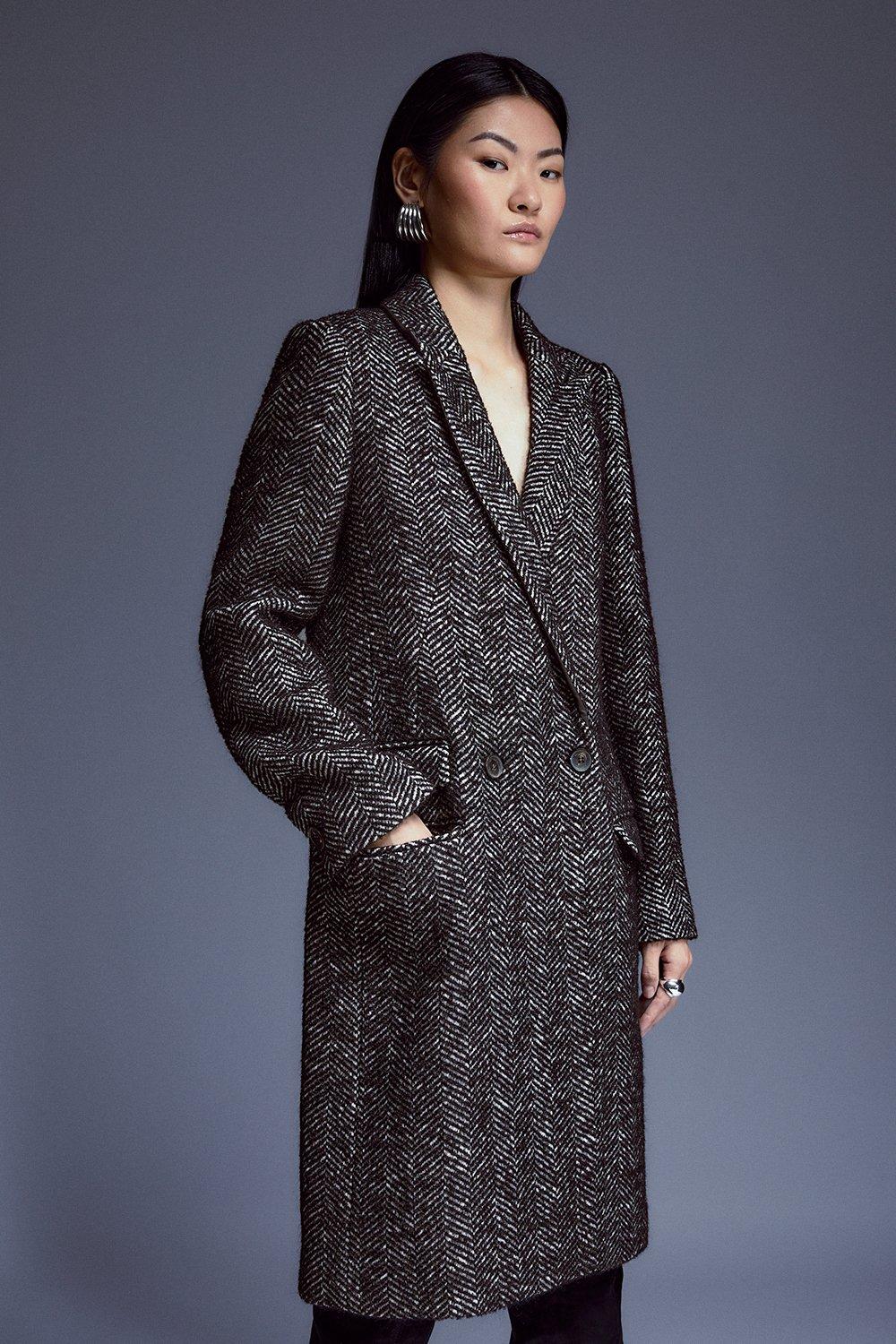 Italian Herringbone Wool Belted Trench Coat | Karen Millen