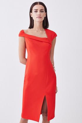 Italian Structured Satin Halter Neck Drape Pencil Midi Dress